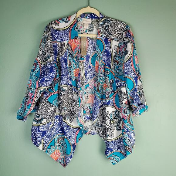 Chico's Blue Paisley Linen Open Front Long Sleeve Drape Jacket Size 2 New - Picture 1 of 7